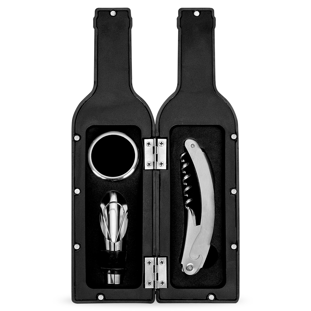 KIT VINHO PLÁSTICO RESISTENTE 3 PEÇAS FORMATO GARRAFA  SPX-11871-PRE NA COR PRETO